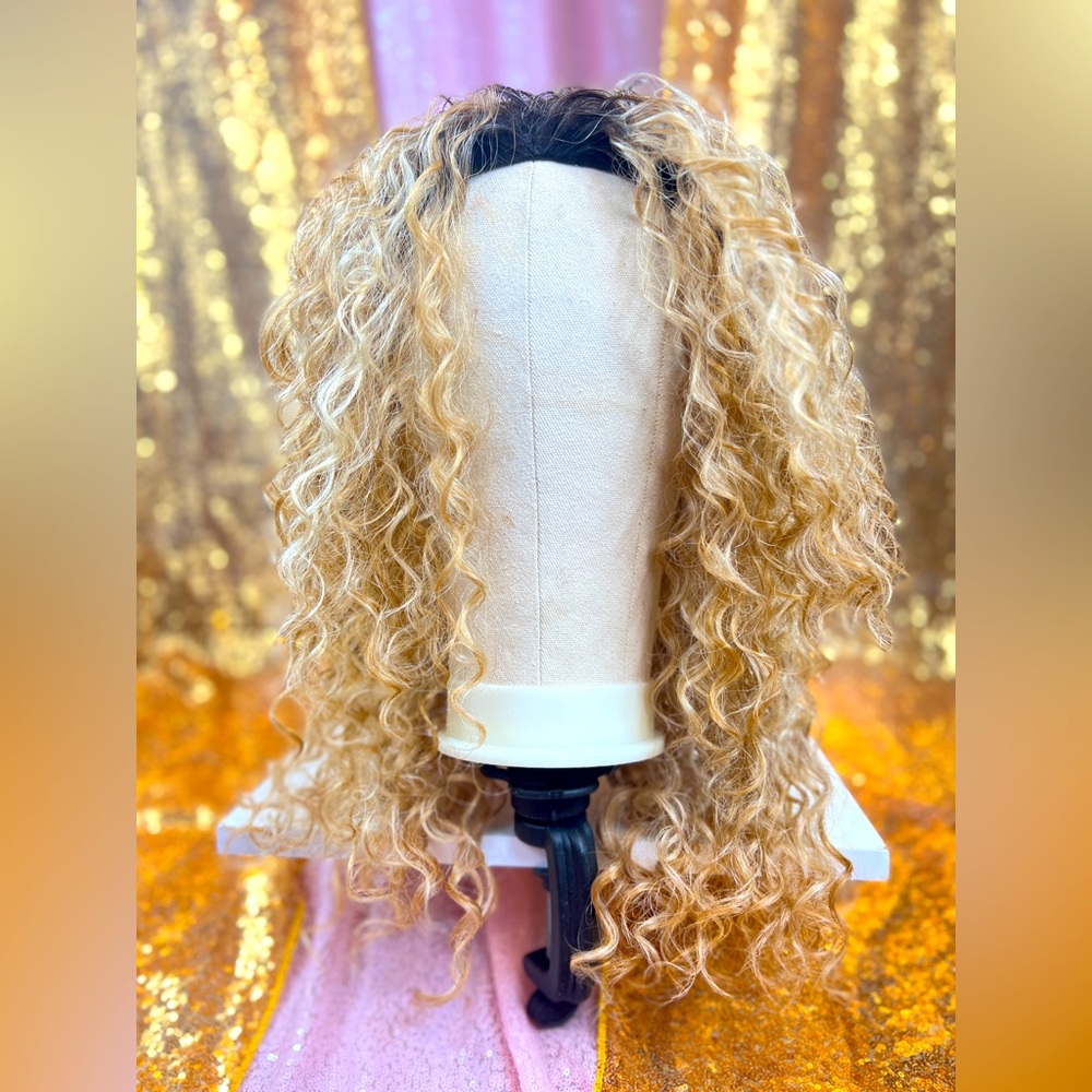 Soft Honey Golden Highlights Loose Curls Synthetic Half Wig